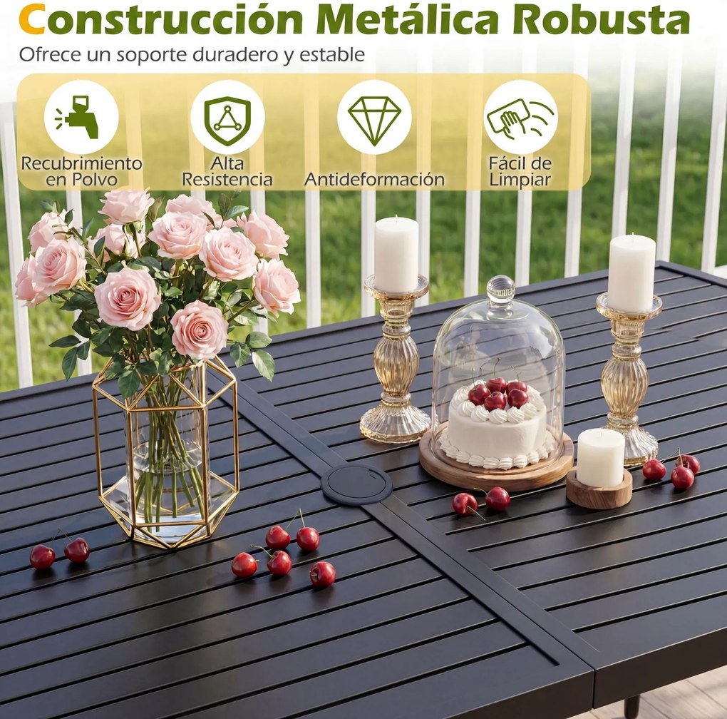 Mesa de jantar jardim retangular (CADEIRAS NÃO INCLUIDAS) 160 x 90 cm com orifício para guarda-sol de 4 cm, tampo com ripas metálicas, para pátio ou j