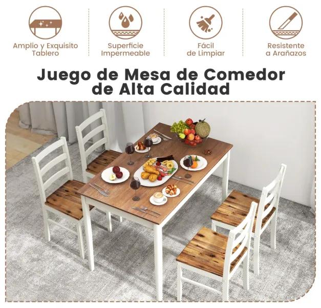 Conjunto de mesa retangular e 4 cadeiras de madeira maciça estilo rústico para sala de jantar restaurante café e branco