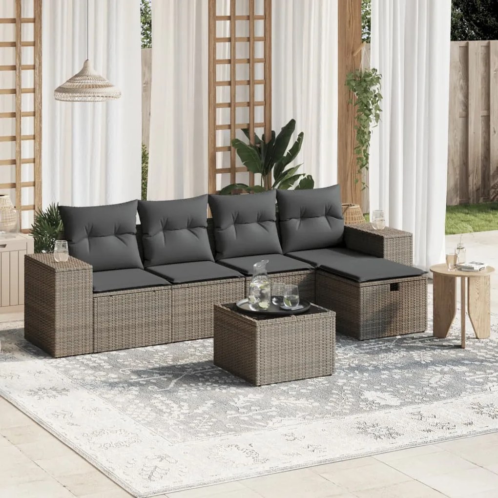vidaXL 6 pcs conjunto sofás p/ jardim c/ almofadões vime PE cinzento