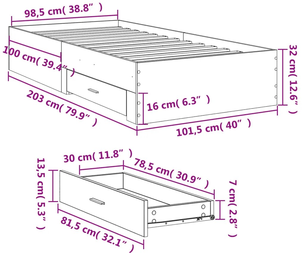 Estrutura de cama c/ gavetas 100x200cm derivados madeira branco