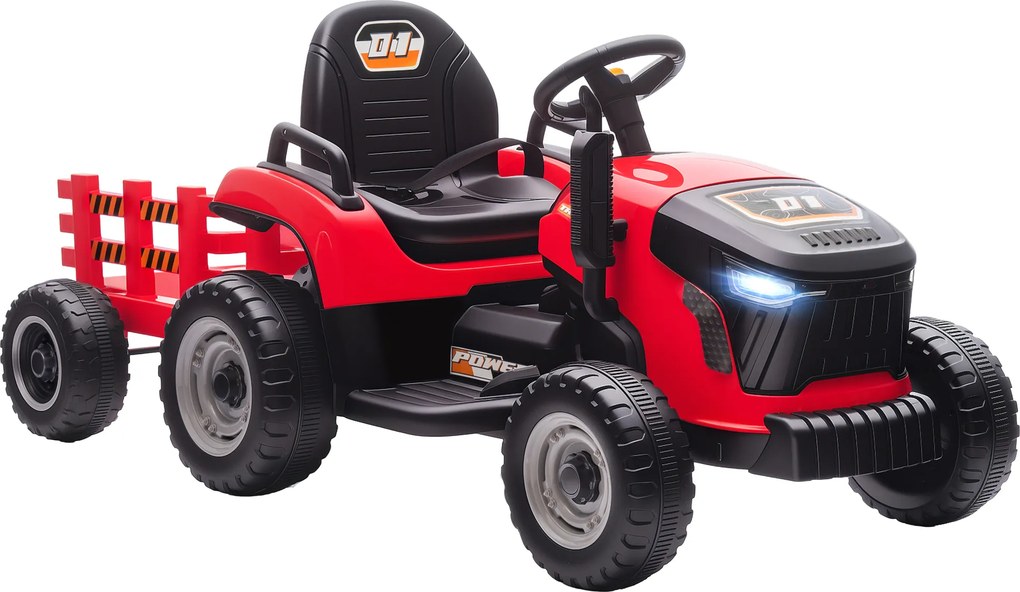 Trator Elétrico para Crianças com Reboque Desmontável Bateria 12V Velocidade 3-5 km/h Controle Remoto 2,4G 139x58x55 cm Vermelho