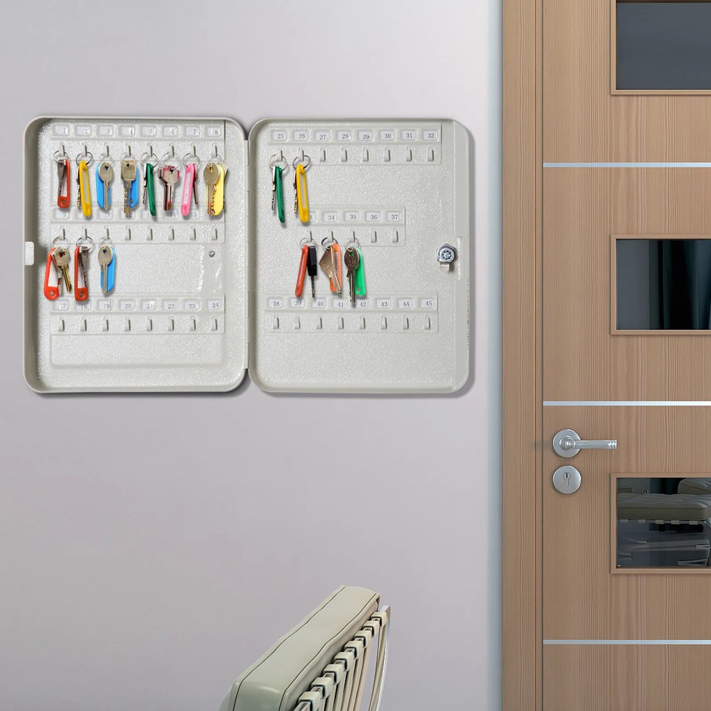HOMCOM Chaveiro 45 Ganchos Chaveiro de Parede Caixa de Segurança com Fechadura Etiquetas 30x24x7,5 cm Aço