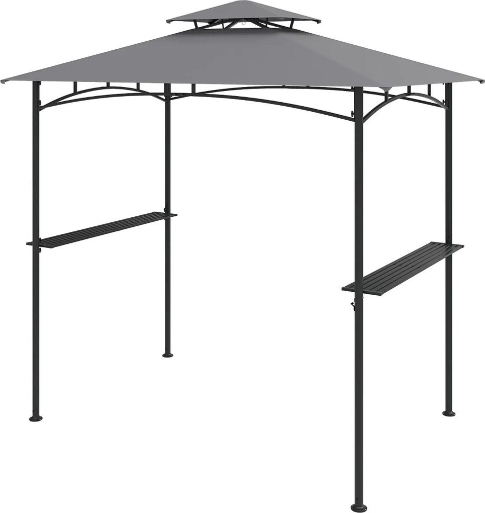 Pérgula para churrasqueira (Não incluida) 242 x 150 cm para exterior com teto duplo, 2 prateleiras, 6 ganchos e estrutura metálica cinza