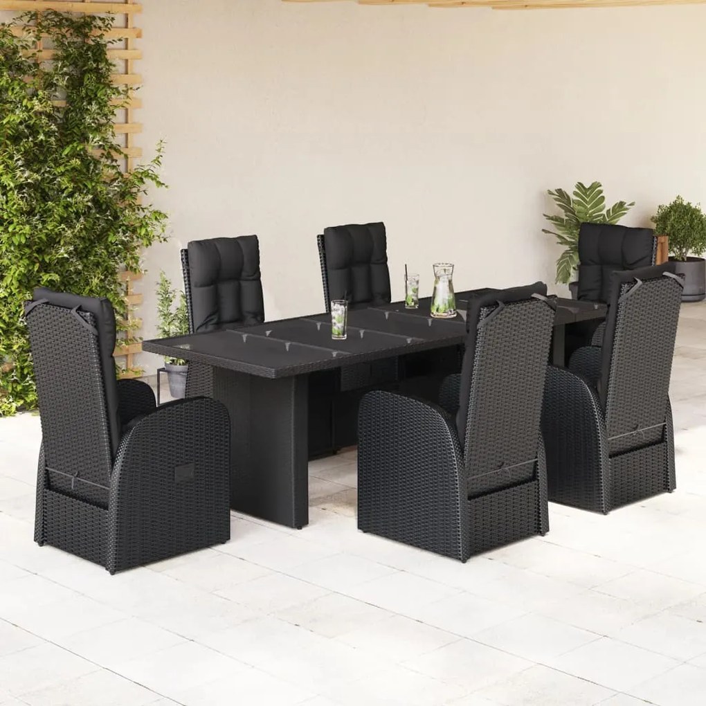 vidaXL 7 pcs conjunto de jantar p/ jardim c/ almofadões vime PE preto
