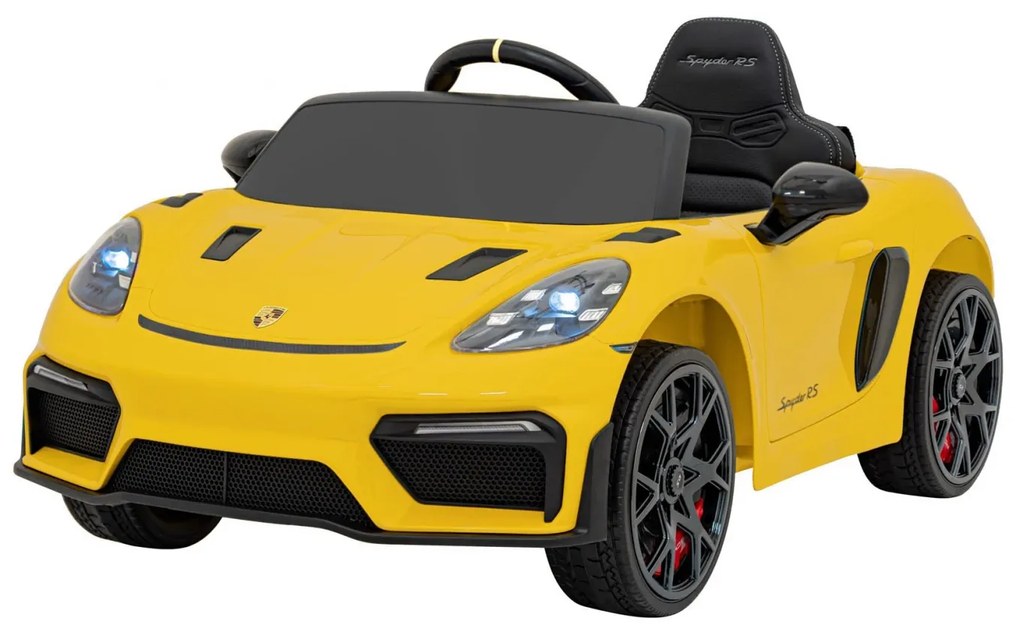 Carro elétrico para Crianças 12V Porsche Spyder RS 718 Com MP4, Rodas Espuma EVA, assento couro ecológico Carga até 30 kg Amarelo