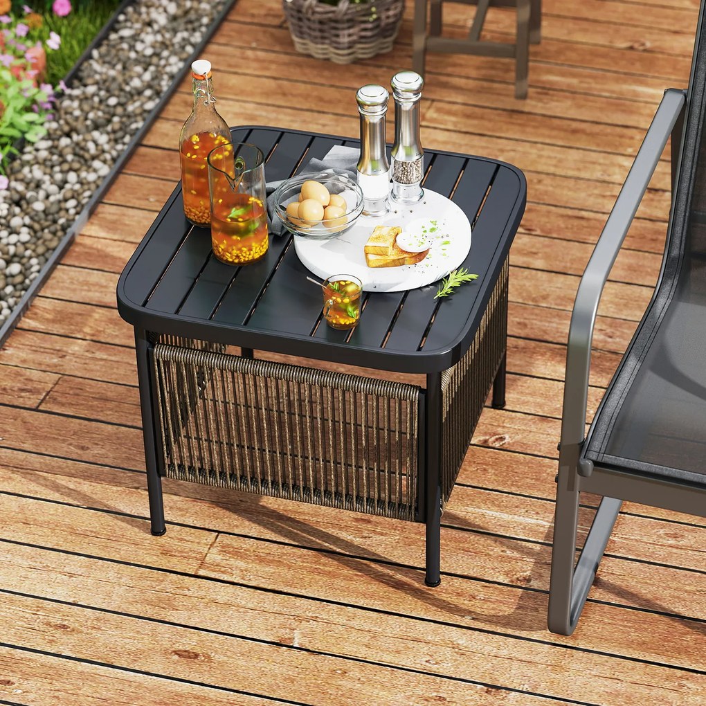 Mesa auxiliar jardim em rattan resistente às intempéries 56 x 56 x 49 cm com orifício para guarda-sol Preta