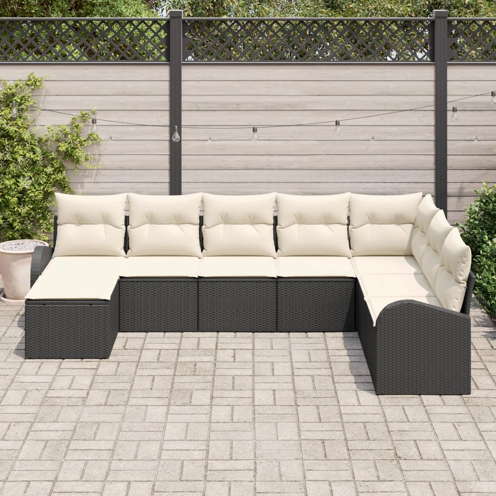 Conjunto de Sofá de Jardim de 8 Peças com Almofadas Pretas Rattan Poli