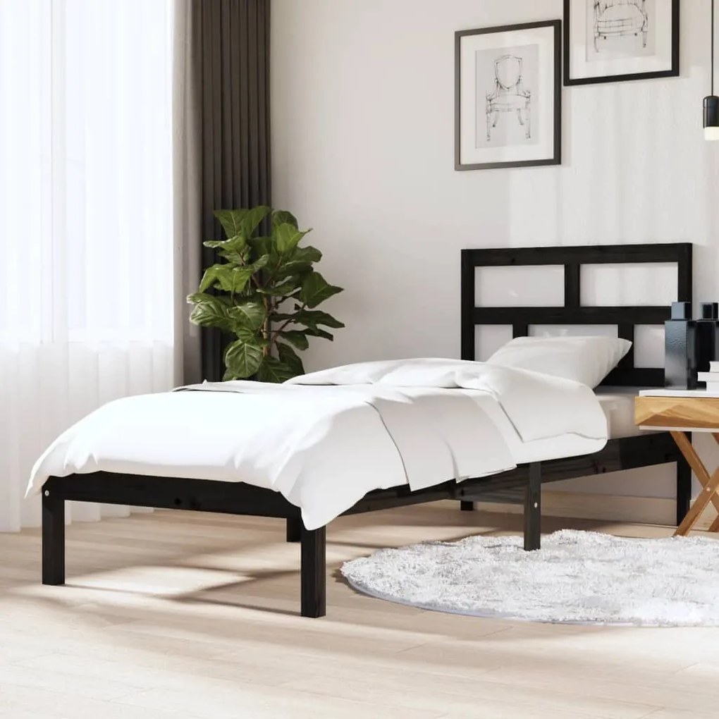 vidaXL Estrutura cama pequena solteiro 75x190 cm madeira maciça preto