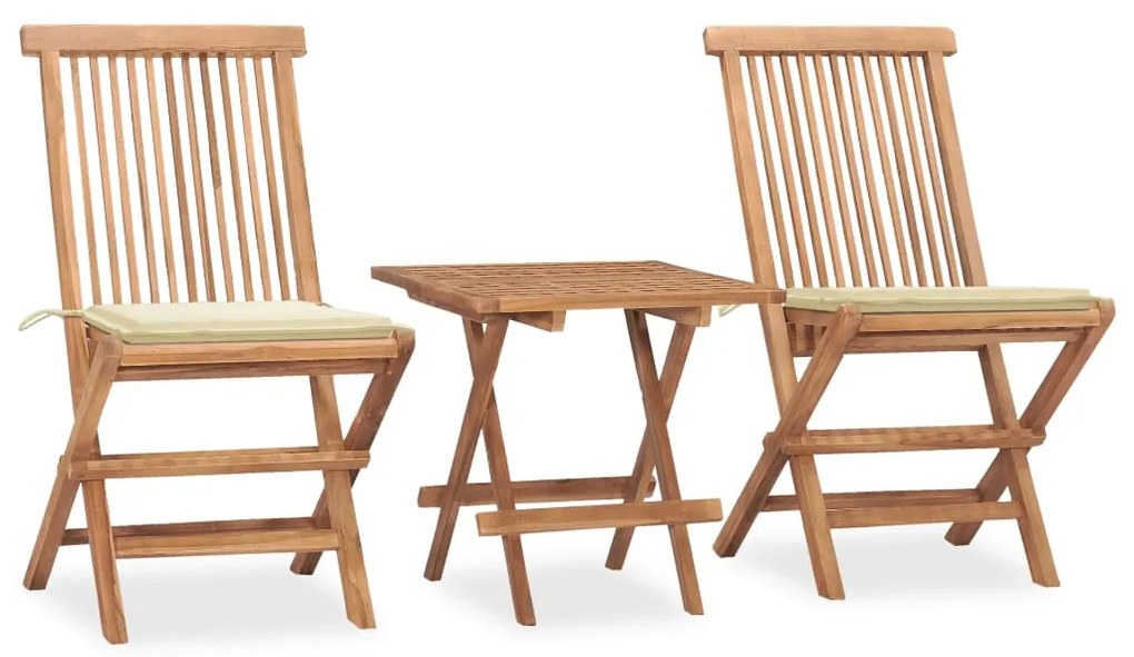 vidaXL 3 pcs conj. jantar dobrável exterior c/ almofadão teca maciça