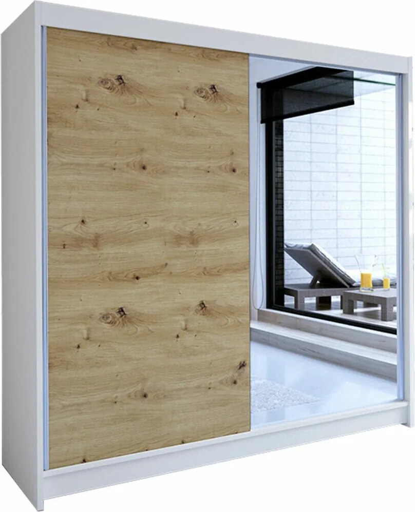 Roupeiro Closico 137, Carvalho Artisan, Branco, 215x180x58cm, 150 kg, Portas para roupeiro: Deslizante, Número de prateleiras: 5, Número de prateleiras: 5