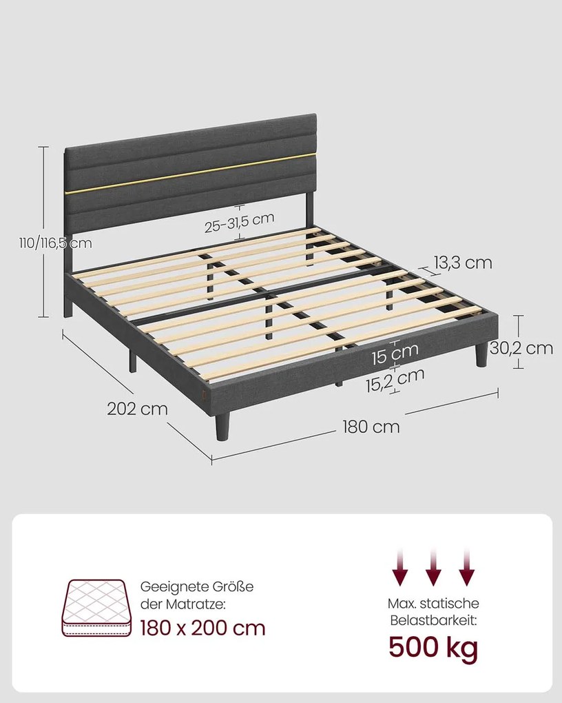 Estrutura de cama de casal para colchão (NÃO INCLUÍDO) de 180 x 200 cm Cinzento