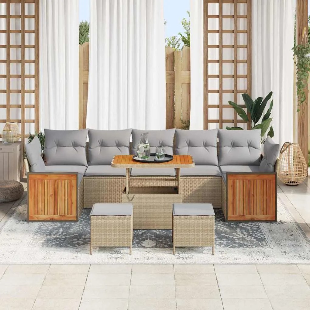 Conjunto de Sofá de Jardim de 10 Peças com Almofadas Bege Rattan Acáci