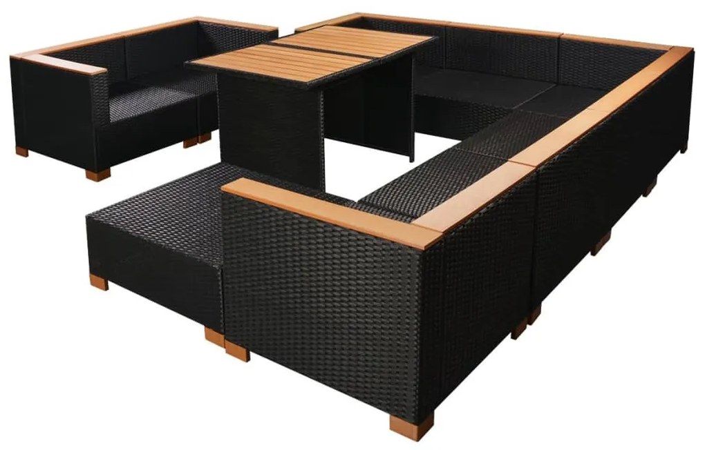 10 pcs conjunto lounge de jardim c/ almofadões vime PE preto