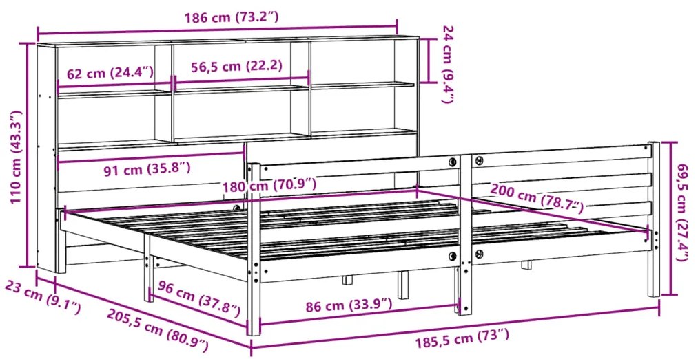 Cama com estante sem colchão 180x200 cm madeira maciça