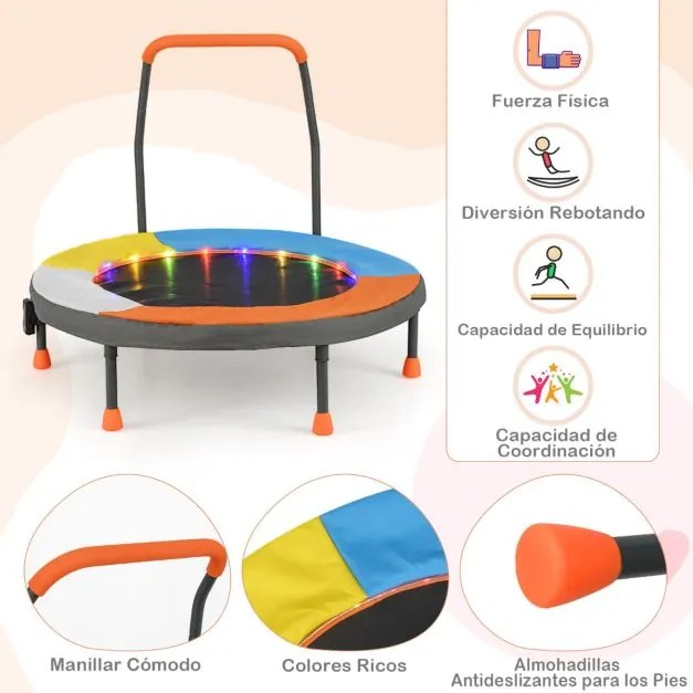 Mini trampolim de 90 cm para crianças com luzes dobrável para interior e exterior com barra de espuma e cobertura de segurança Multicolorido