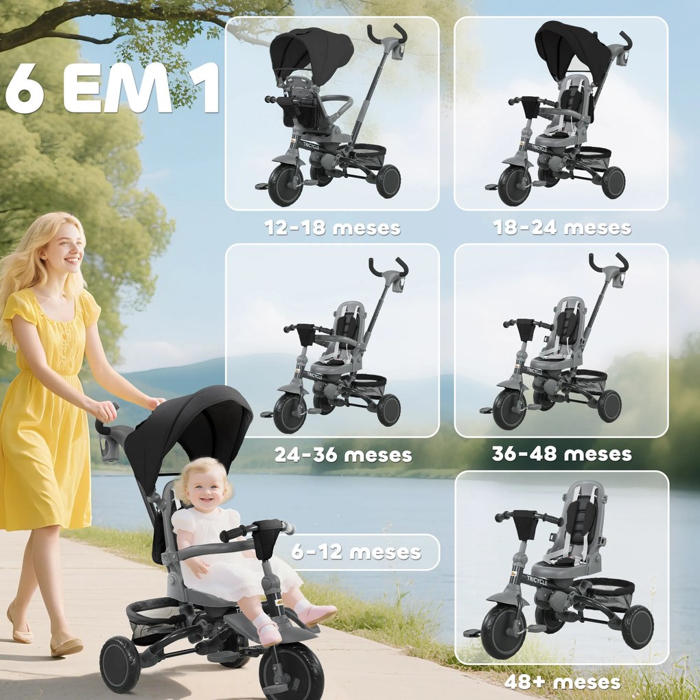 Triciclo Evolutivo 6 em 1 Dobrável com Assento Giratório de 360° Mango Parental Encosto Reclinável Toldo 111,5x52x98 cm Preto