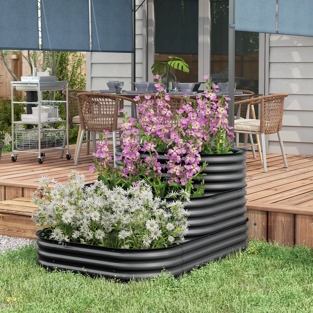 Floreira de jardim com fundo aberto 158 x 109 x 82 cm, 3 níveis, para ervas aromáticas, legumes, frutas e flores, cinzenta
