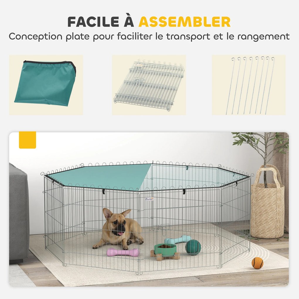 Parque para cães com 60 cm de altura, com 8 painéis e cobertura, modular e dobrável, recinto portátil e porta verde e prateada