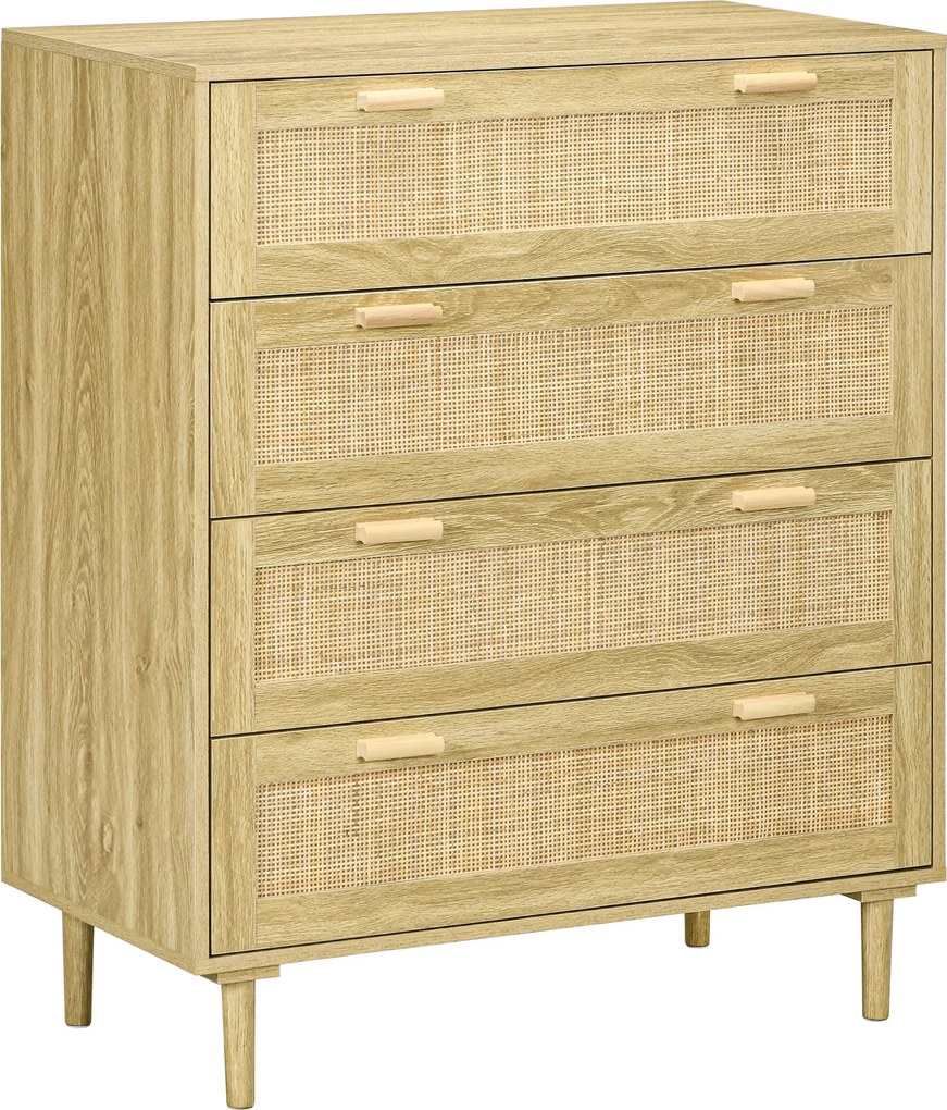 HOMCOM Cômoda 4 gavetas móvel de arrumação frente em trançado de rattan estilo boêmio dim. 90l x 45P x 108,5H cm Aspeto Madeira Clara | Aosom Portugal