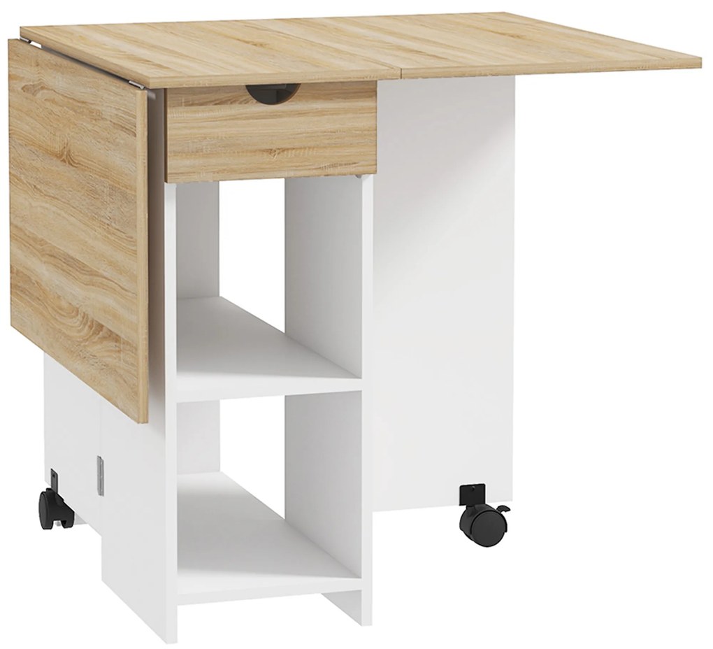 HOMCOM Mesa de Cozinha Dobrável com Rodas Laterais Rebatíveis Gaveta e Prateleiras para 2-4 Pessoas 120x72x75 cm Madeira Branco | Aosom Portugal