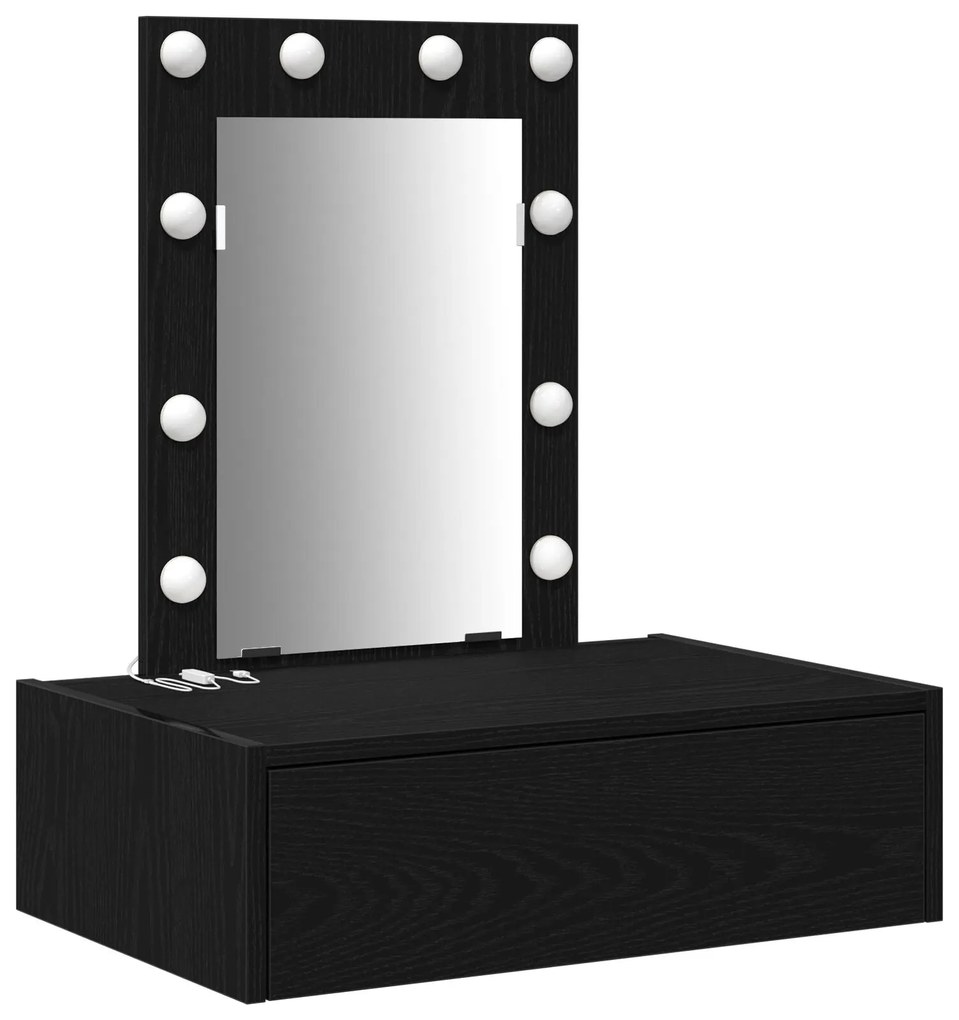 Mesa de Maquiagem Montada na Parede com Luzes LED - Carvalho Preto