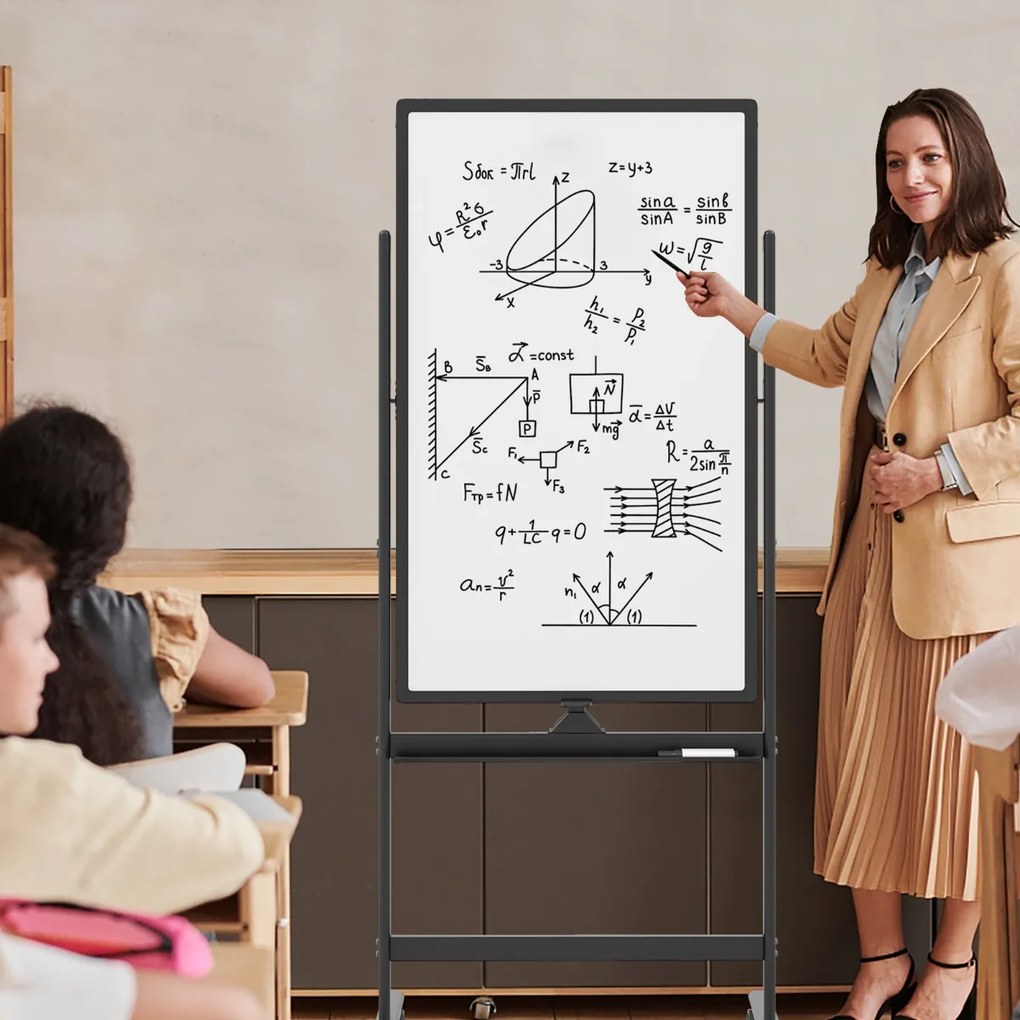 Quadro branco magnético móvel 60 x 100 cm Quadro branco seco de dupla face com suporte sobre rodas Altura ajustável para escritório Escola Preto