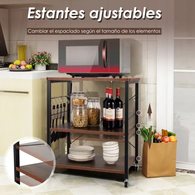 Carrinho de cozinha 60 x 40 x 73,5 cm com rodas bloqueáveis Ganchos removíveis Estante para micro-ondas Castanho