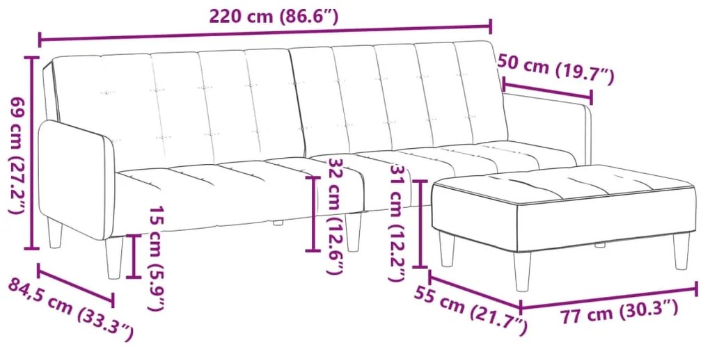 Sofá-cama 2 lugares c/ apoio de pés veludo preto