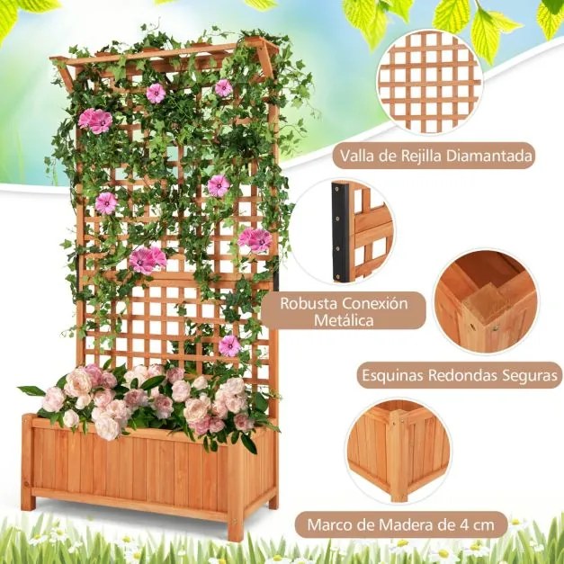 Floreira elevada para jardim 90 x 44,5 x 183,5 cm com treliça de madeira maciça com orifícios de drenagem para interior e exterior Natural