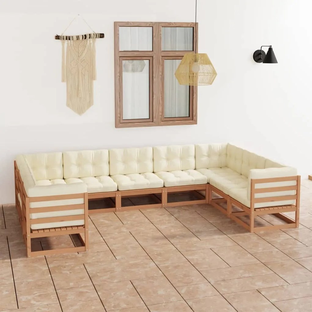 vidaXL 9 pcs conj. lounge jardim almofadões pinho maciço castanho mel