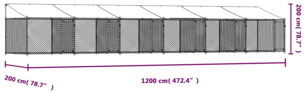 Jaula para cão com telhado/portas 12x2x2m aço galvanizado cinza