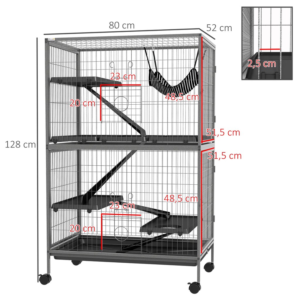 Gaiola para Roedores 80x52x128 cm Casa de 4 Alturas com Rampas Suspensa Rede Bandeja Removível Rodas Cinza Prateado