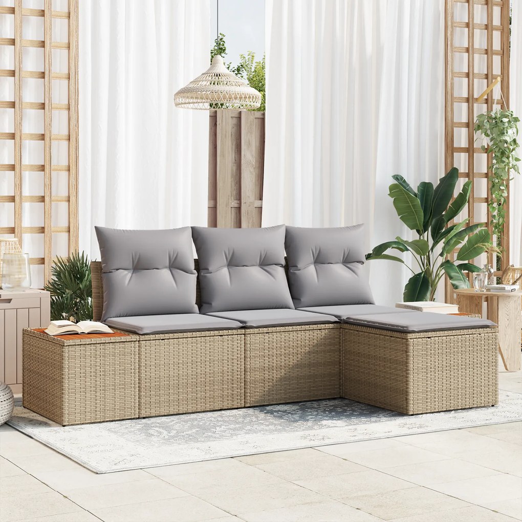 Conjunto de Sofá de Jardim de 4 Peças com Almofadas Bege Rattan Poliéster Acácia