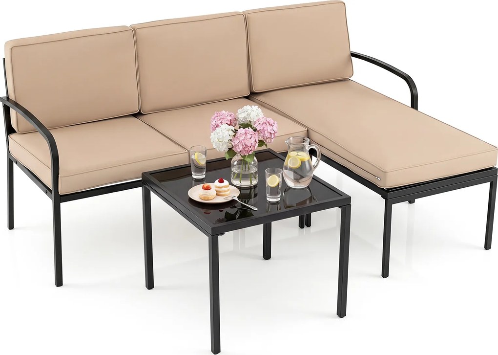 Conjunto de 3 Peças para Jardim, Sofá de 2 Lugares, Sofá em L e Mesa de Centro, 172,5 x 113 x 80 cm, Modular, Caqui