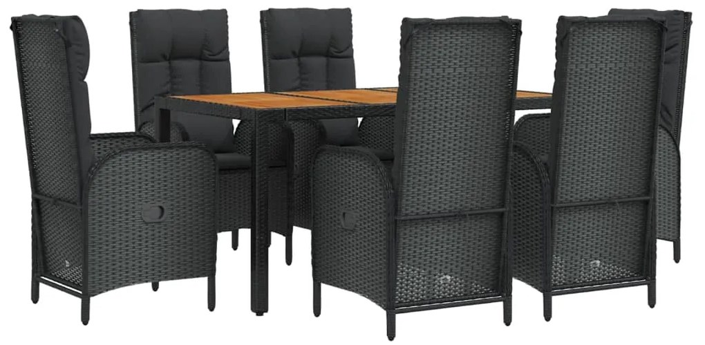 7 pcs conjunto de jantar p/ jardim c/ almofadões vime PE preto