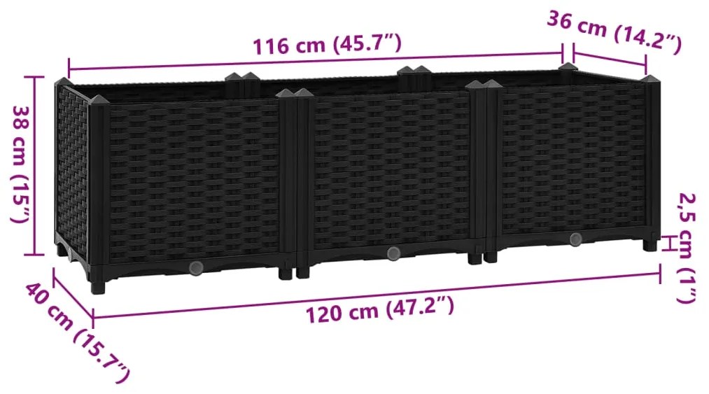 Canteiro elevado 120x40x38 cm polipropileno