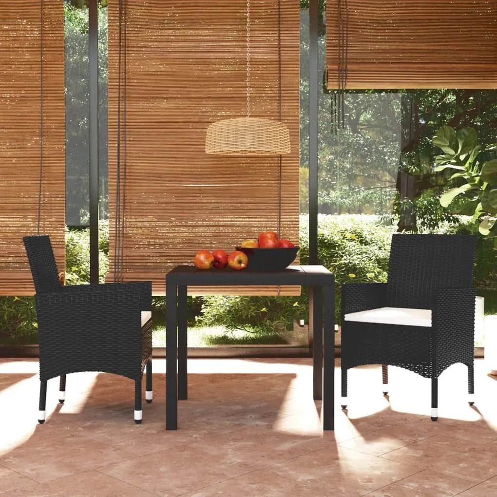 vidaXL 3 pcs conjunto de jantar p/ jardim c/ almofadões vime PE preto