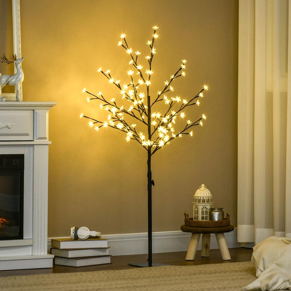 Árvore de Cerejeira com 120 Luzes LED IP44 Branco Quente Candeeiro Decorativo de Flor de Cereja com Ramos Flexíveis para Sala de Estar Festas Interiores 17x17x120cm Preto