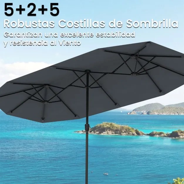 Guarda-sol de 392 cm com dupla face, grande, tamanho duplo, com manivela e 12 varas resistentes para jardim Cinzento