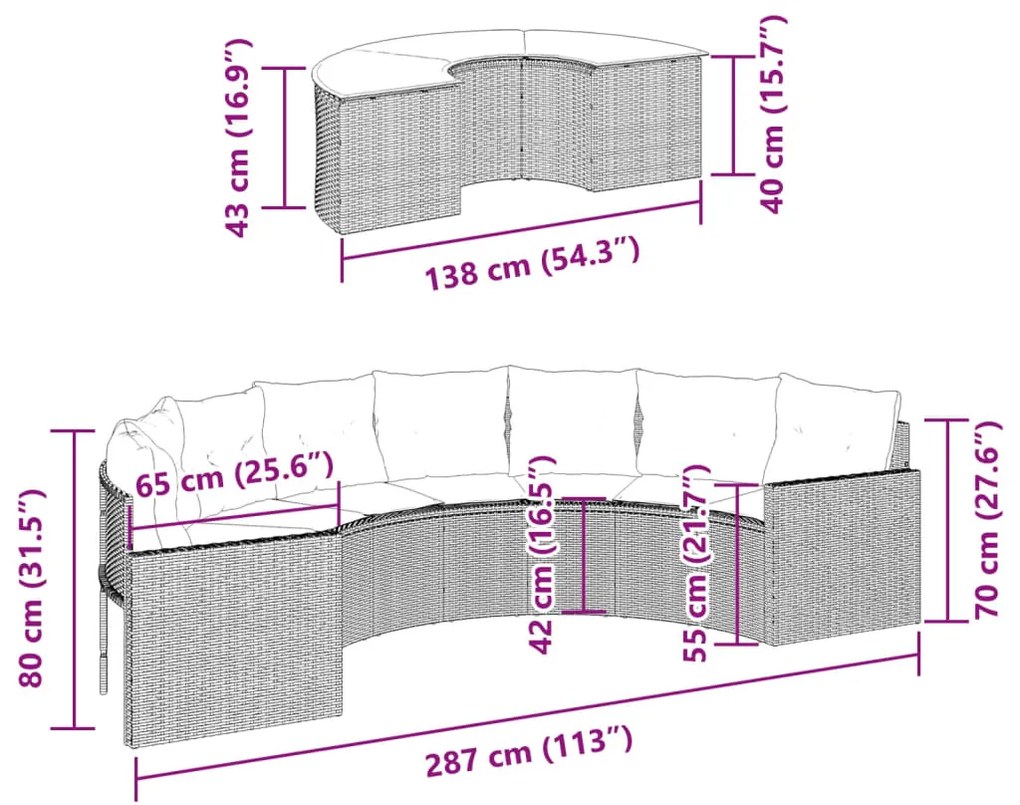 2 pcs conjunto de sofás de jardim semicircular vime PE bege