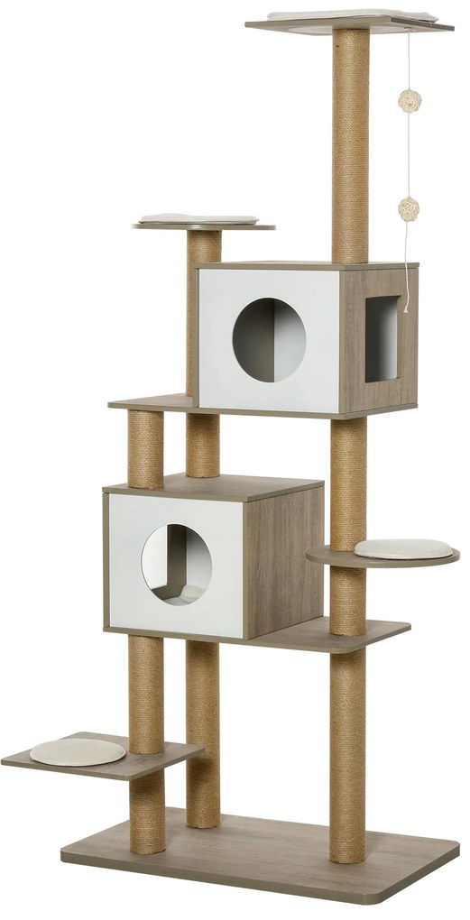 PawHut Árvore Arranhador de escalada para gatos Altura de 177 cm com Plataformas Cavernas Almofada macia brinquedo de suspensão Postes de juta Branco e cinza claro