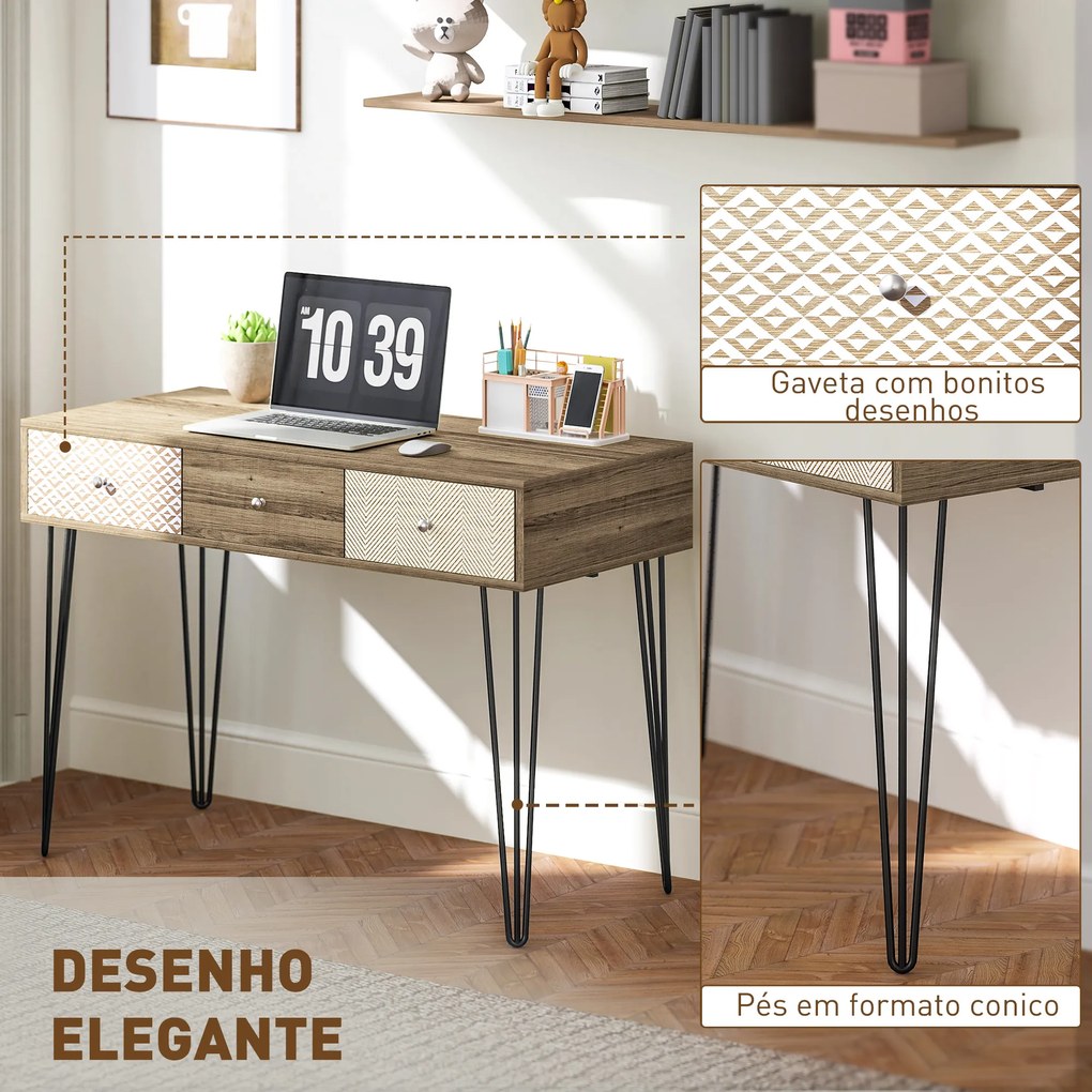 Secretária Estilo Boémio Mesa Secretária com 3 Gavetas e Pés de Ferro para Escritório Dormitório Tocador 105x50x75 cm Madeira