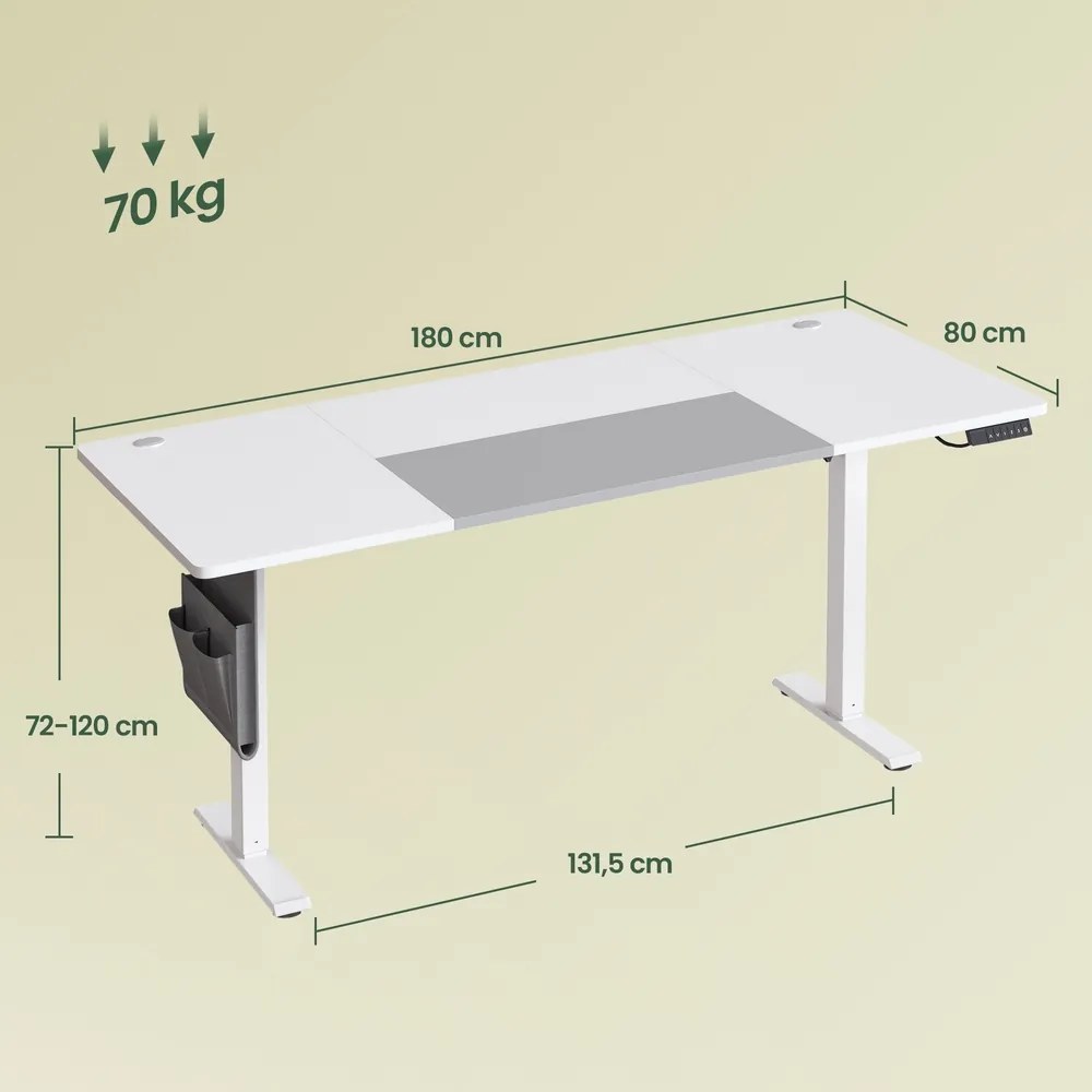 Secretária elétrica ajustável em altura,180 x 80 x (72-120) cm, com função de memória branco-cinzento