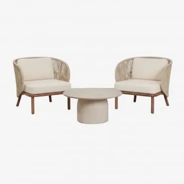 Conjunto De Sala Com 2 Poltronas Em Corda Trançada Capri E Mesa De Centro Redonda Ø75 Cm Em Cimento Layana Beige Creme - Sklum