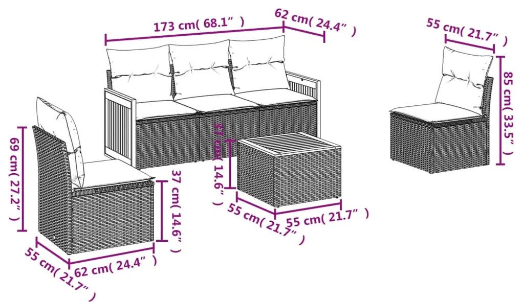 6 pcs conjunto de sofás p/ jardim com almofadões vime PE bege