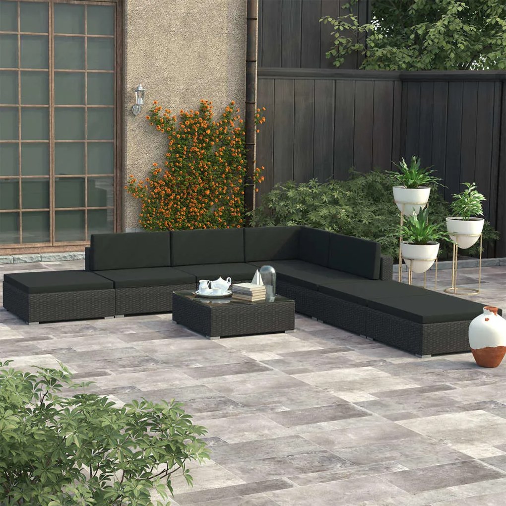 46748 vidaXL 8 pcs conjunto lounge de jardim c/ almofadões vime PE preto