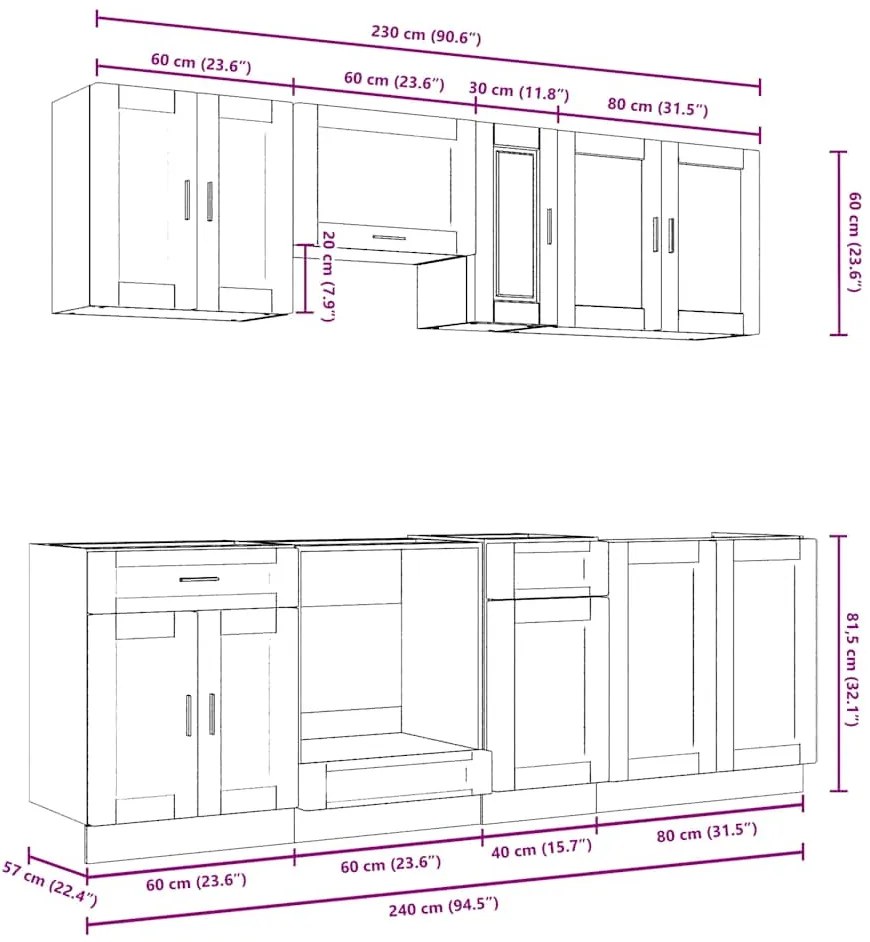 8 peças armário de cozinha conjunto Kalmar cinza sonoma