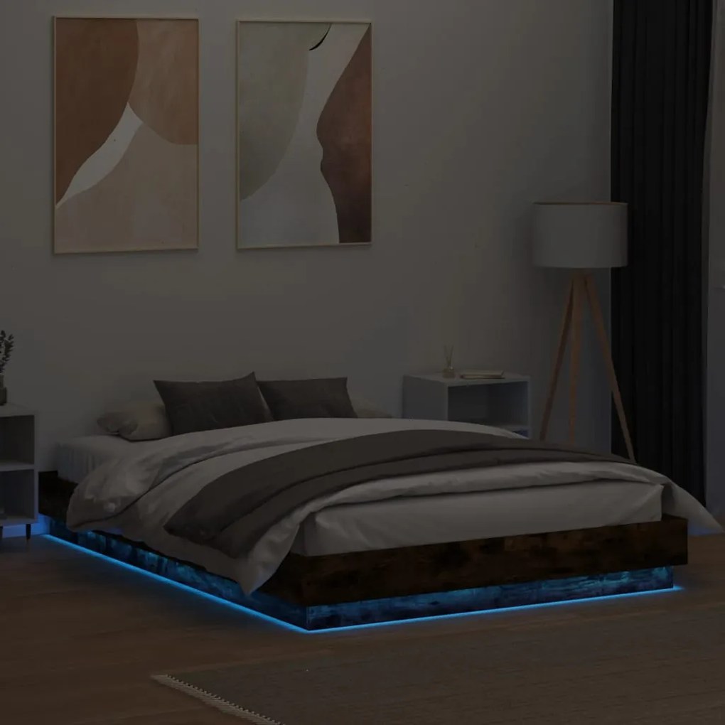 Estrutura de cama com luzes LED 140x200 cm carvalho fumado