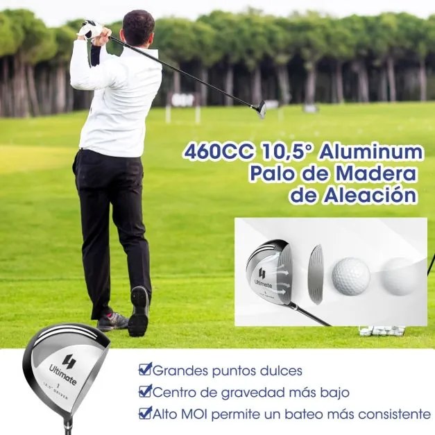 Conjunto de 9 tacos de golfe com driver de liga metálica, madeira 3#, híbrido 4#, ferros 6#, 7#, 8#, 9# e P#, putter e capas para cabeças cinzentas