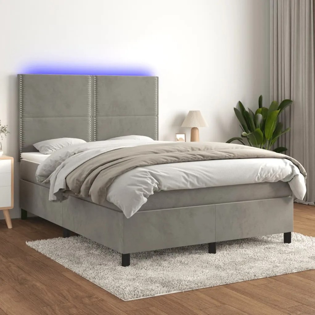 Cama box spring c/ colchão/LED 140x200 cm veludo cinzento-claro